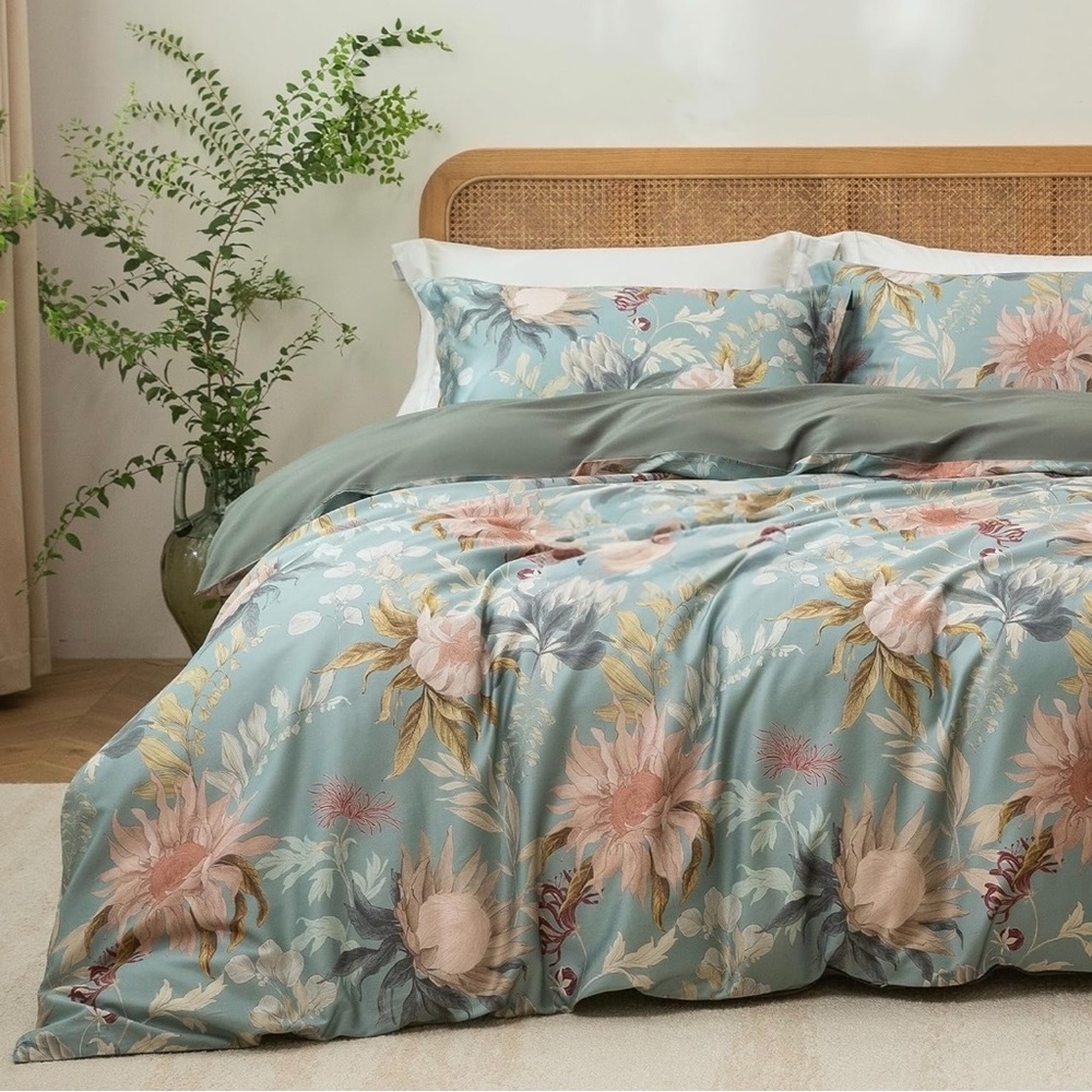 NEW Anthro Blue Floral Multicolor Full Queen King Cotton Bedding Duvet Sham Set - Picture 2 of 12